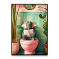 Decorbites™ funny cat reading on toilet wall art featuring a gray elephant sitting on a pink toilet in a bathroom setting