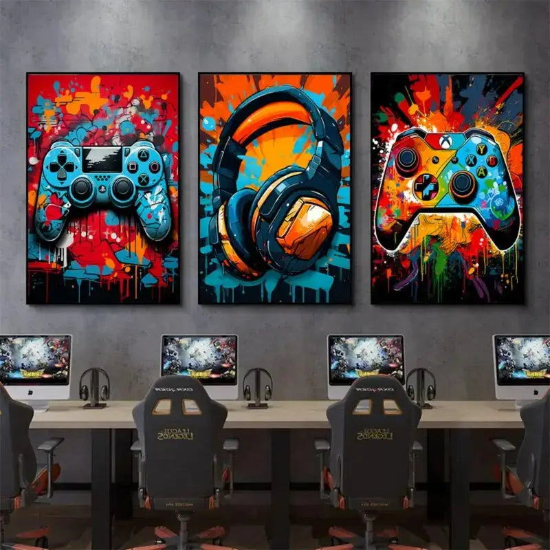 DecorBites™ Gamer Room Decor Set - Graffiti Gamepad Canvas Prints