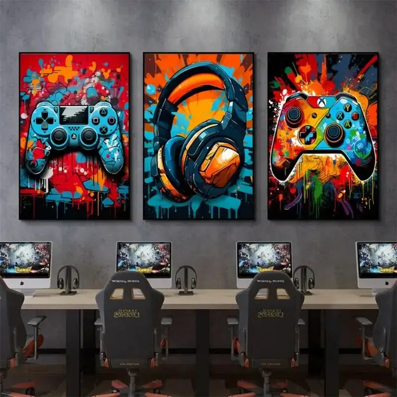 DecorBites™ Gamer Room Decor Set - Graffiti Gamepad Canvas Prints