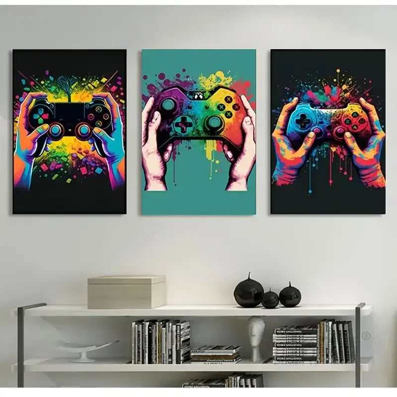 DecorBites™ graffiti gamepad canvas prints featuring three vibrant splatter-painted hands for gamer room decor