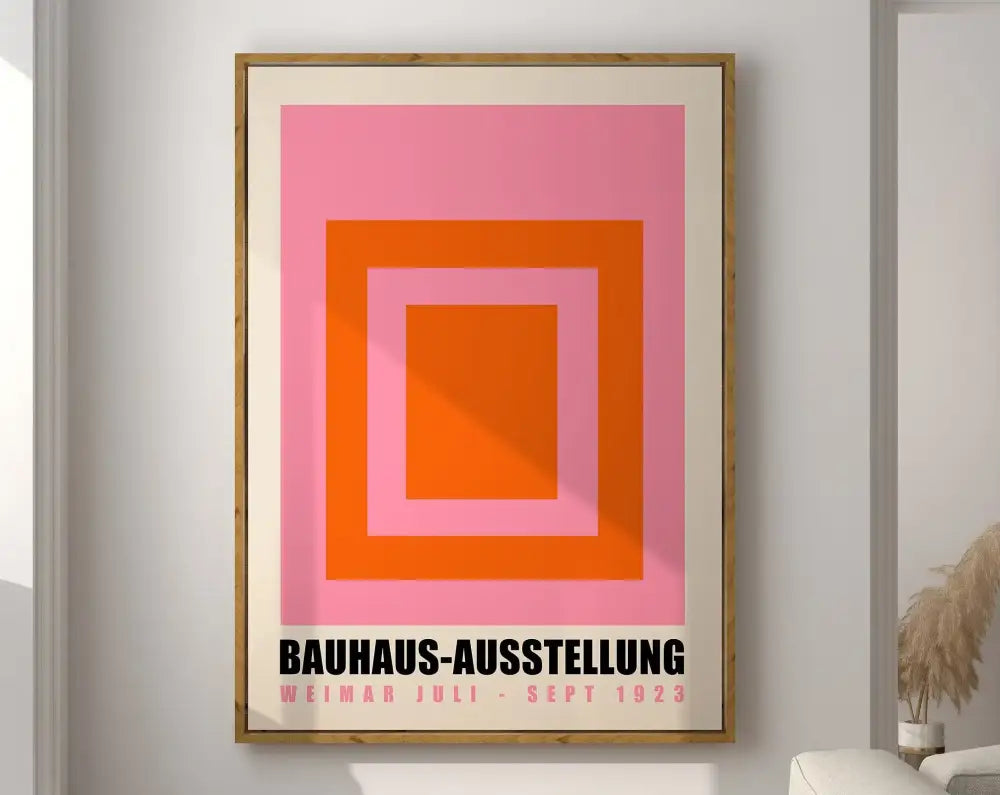 Framed decorbites™ geometric bauhaus canvas poster with pink and orange squares and black text on cream mat