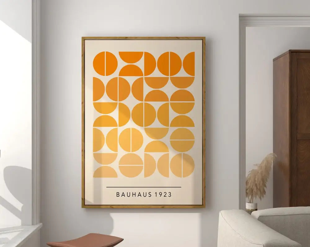 Framed decorbites™ geometric bauhaus canvas poster featuring orange and yellow circles with bauhaus 1923 text