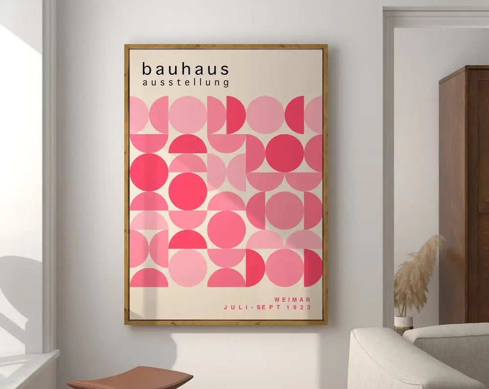 Framed decorbites™ geometric bauhaus canvas poster with pink circles on off-white for modern wall art and home decor