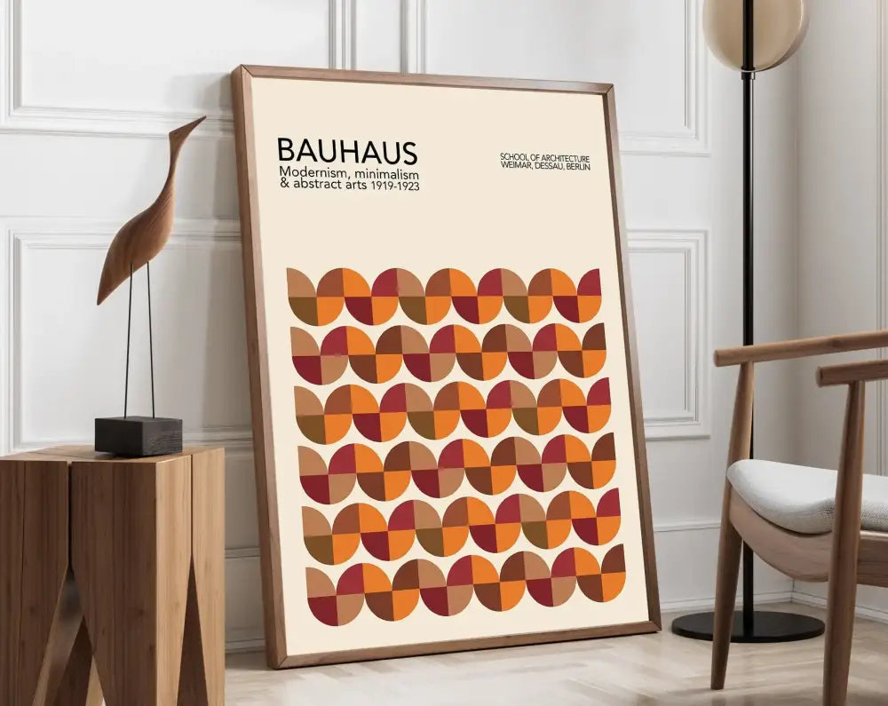 DecorBites™ geometric canvas poster with overlapping orange and brown circles in a wooden frame for modernist bauhaus decor