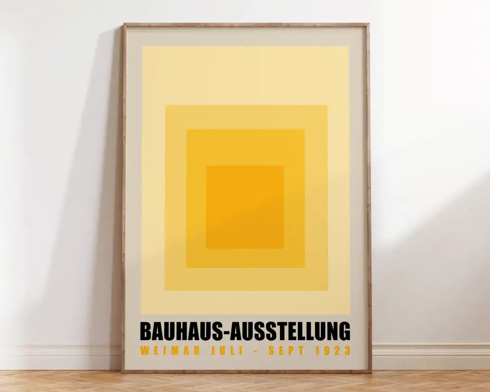Minimalist geometric bauhaus canvas print with yellow concentric squares and black bauhaus-ausstellung text modern wall art