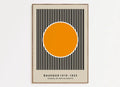 Minimalist framed canvas print with bold orange circle and black stripes on beige background for home decor geometric bauhaus canvas