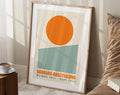 Framed decorbites™ geometric bauhaus wall art featuring bold orange circle and teal stripes for vibrant home decor