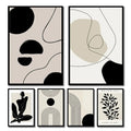 Set of six boho canvas geometric leaf rainbow abstract art prints in black frames on beige and cream backgrounds