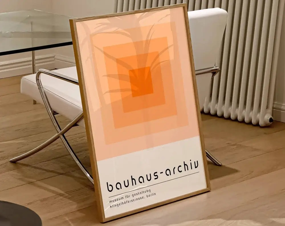 Decorbites™ geometric mid-century canvas wall art print featuring concentric orange squares palm leaf silhouette and bauhaus-archiv text