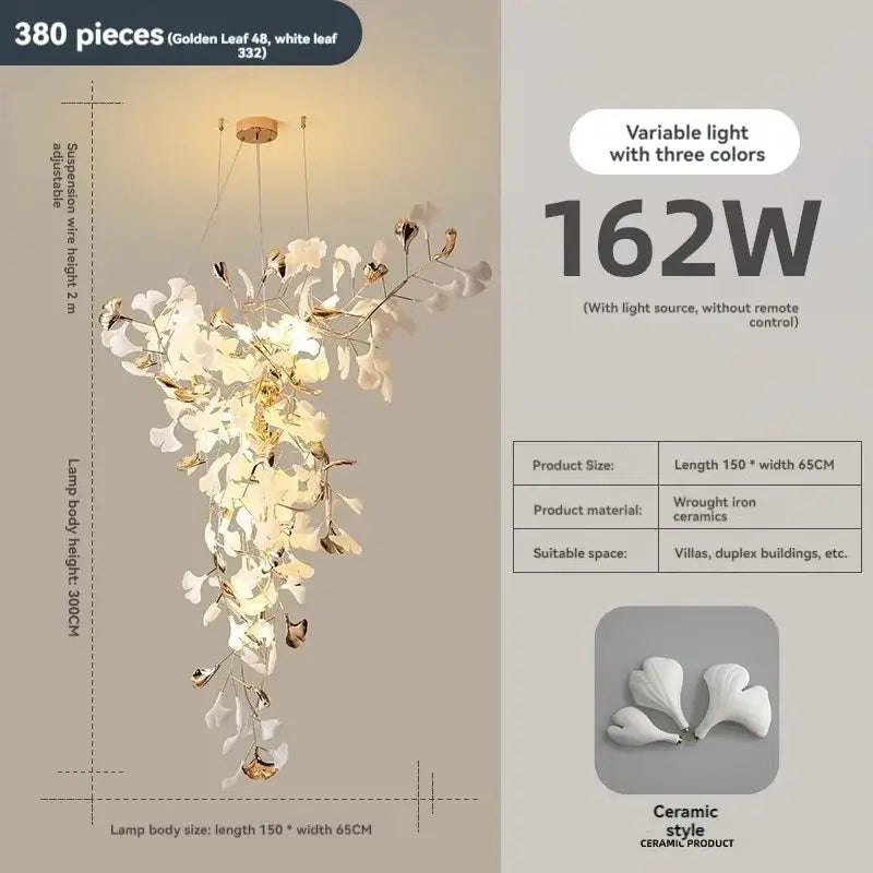 DecorBites™ Ginkgo Leaf Chandelier for Luxury Staircase & Lobby, Designer Duplex Lighting