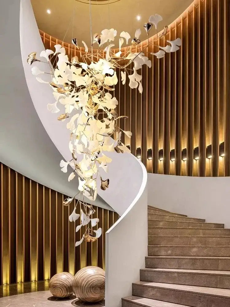 DecorBites™ Ginkgo Leaf Chandelier for Luxury Staircase & Lobby, Designer Duplex Lighting