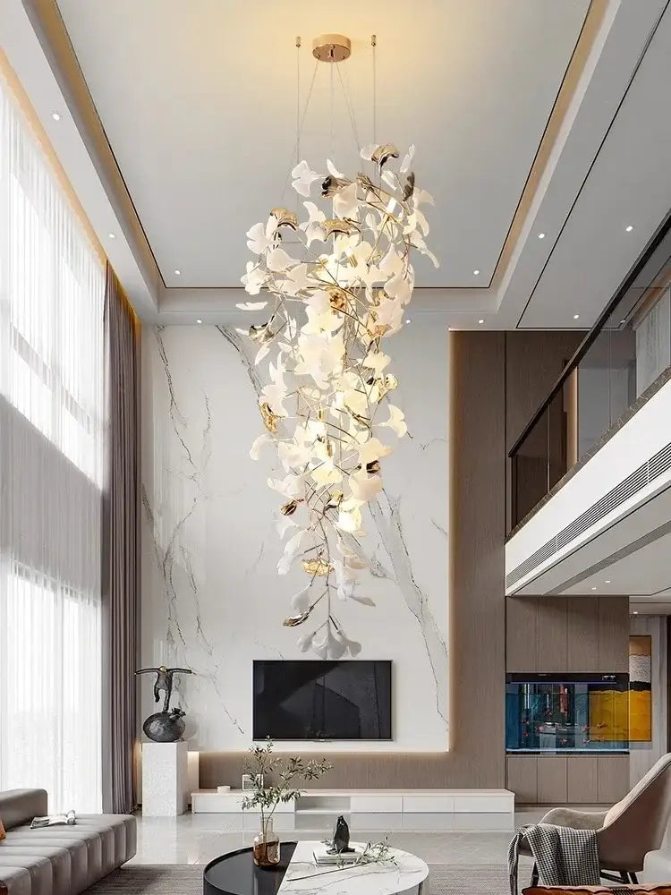 DecorBites™ Ginkgo Leaf Chandelier for Luxury Staircase & Lobby, Designer Duplex Lighting
