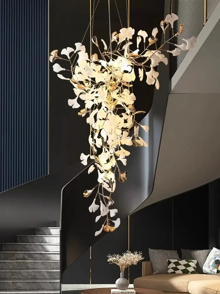DecorBites™ Ginkgo Leaf Chandelier for Luxury Staircase & Lobby, Designer Duplex Lighting