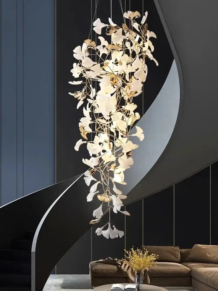 DecorBites™ Ginkgo Leaf Chandelier for Luxury Staircase & Lobby, Designer Duplex Lighting