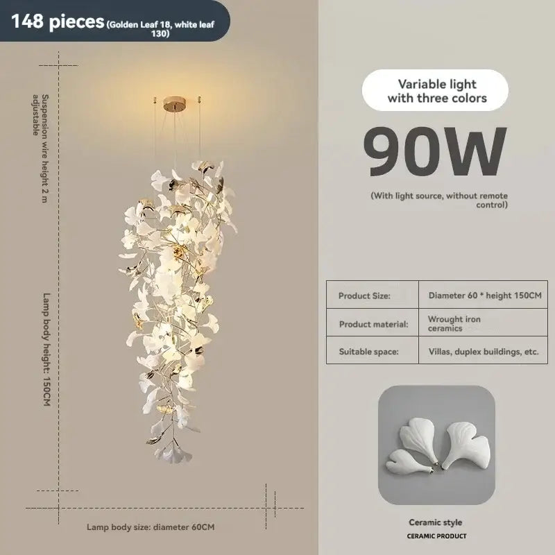 DecorBites™ Ginkgo Leaf Chandelier for Luxury Staircase & Lobby, Designer Duplex Lighting