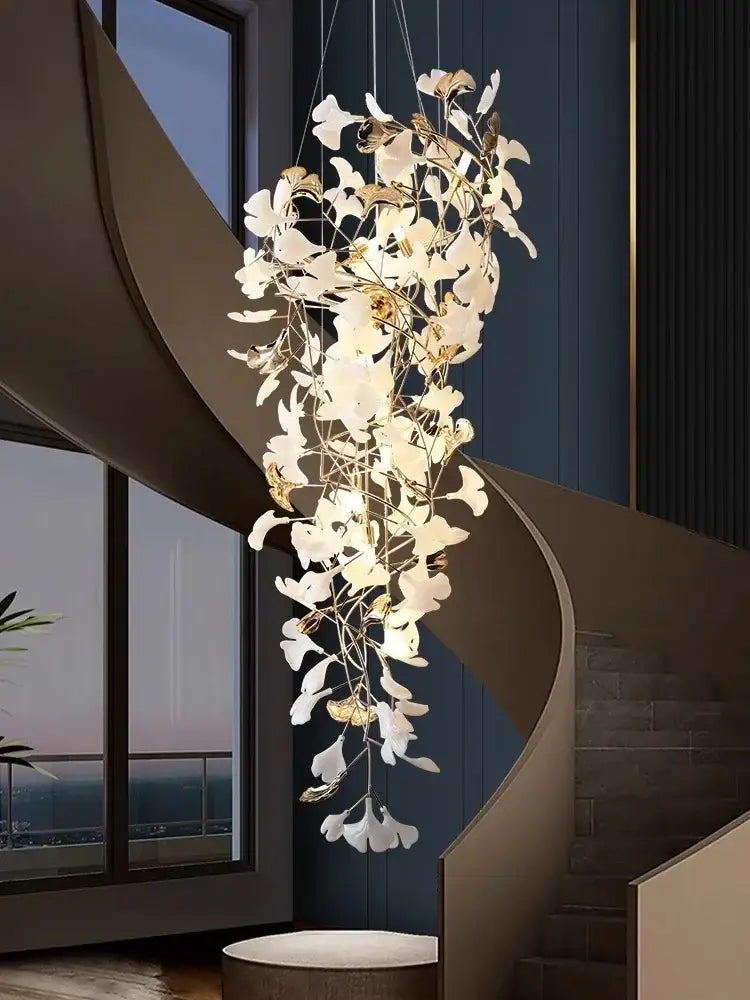 DecorBites™ Ginkgo Leaf Chandelier for Luxury Staircase & Lobby, Designer Duplex Lighting