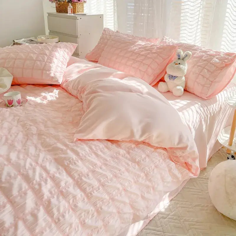 DecorBites™ Girls Bubble Gauze Bedding Set, Soft Summer Comforter Cover Kit, Skin-Friendly Easy Sleep