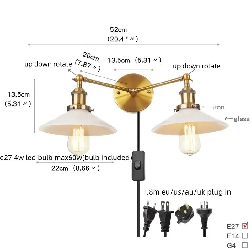 DecorBites™ Glass 2-Light Wall Sconce with Pull Chain Switch for Bedroom and Bathroom