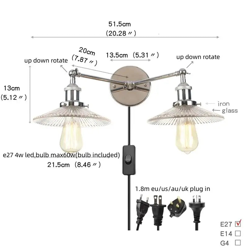 DecorBites™ Glass 2-Light Wall Sconce with Pull Chain Switch for Bedroom and Bathroom