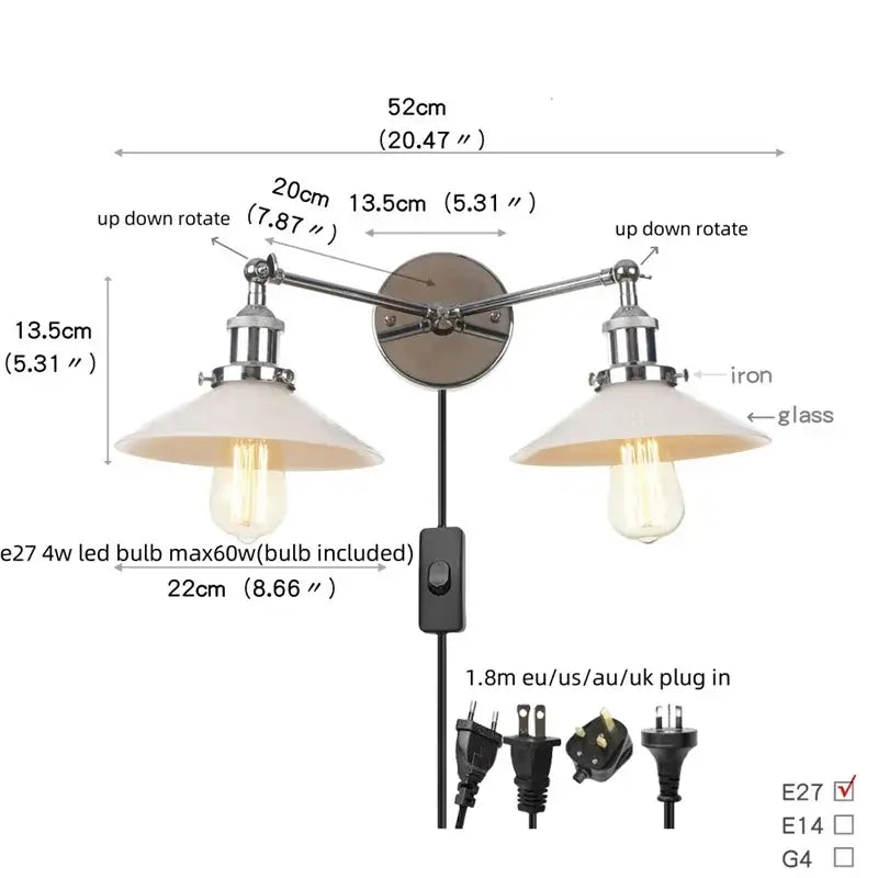 DecorBites™ Glass 2-Light Wall Sconce with Pull Chain Switch for Bedroom and Bathroom