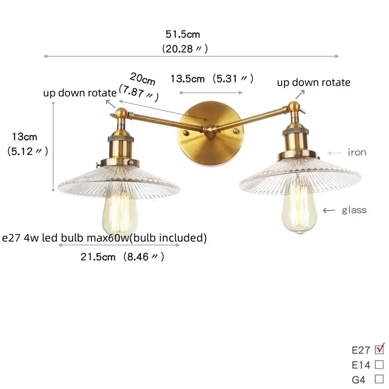 DecorBites™ Glass 2-Light Wall Sconce with Pull Chain Switch for Bedroom and Bathroom