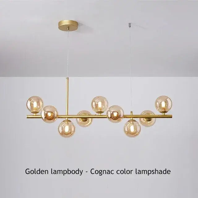 DecorBites™ glass ball chandelier with cognac glass lampshades and polished brass frame for modern home lighting