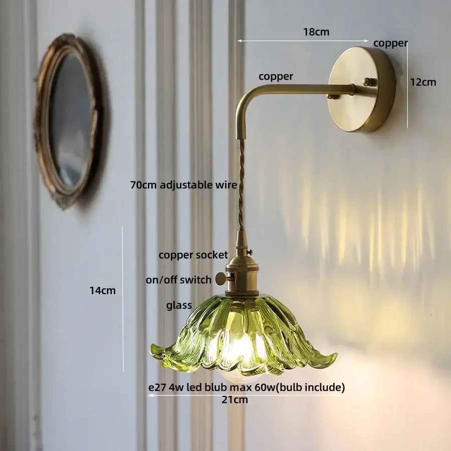 DecorBites™ Glass & Copper Green Flower LED Wall Sconce with Pull Chain