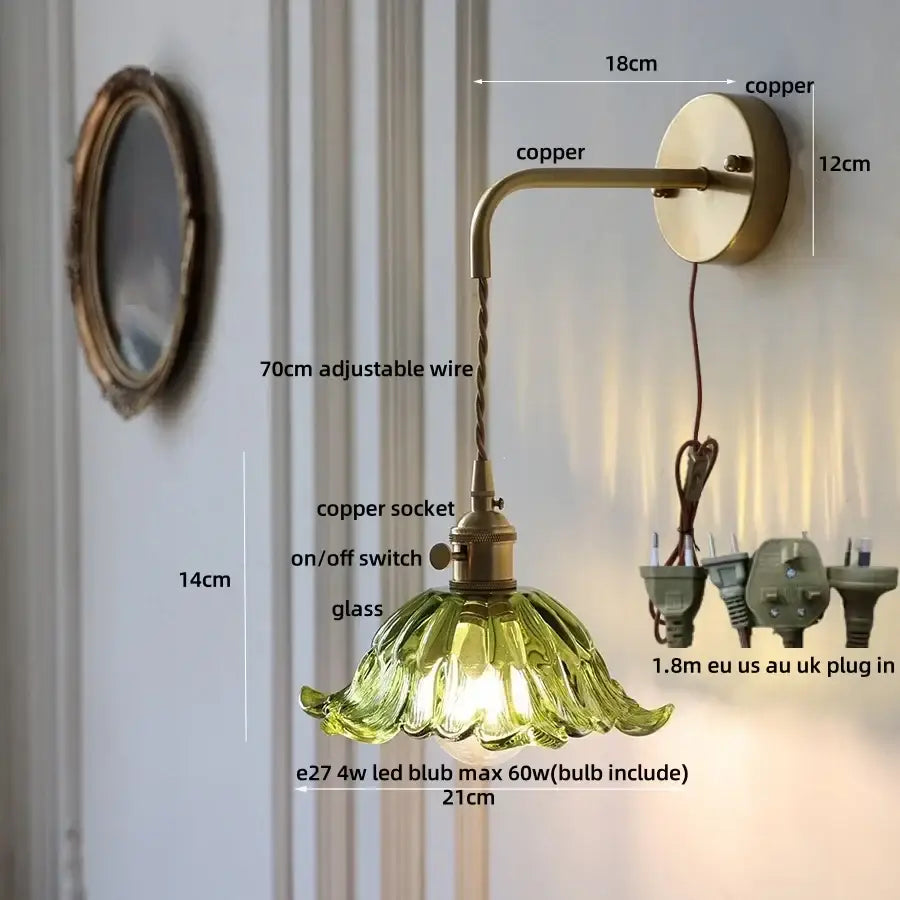 DecorBites™ Glass & Copper Green Flower LED Wall Sconce with Pull Chain