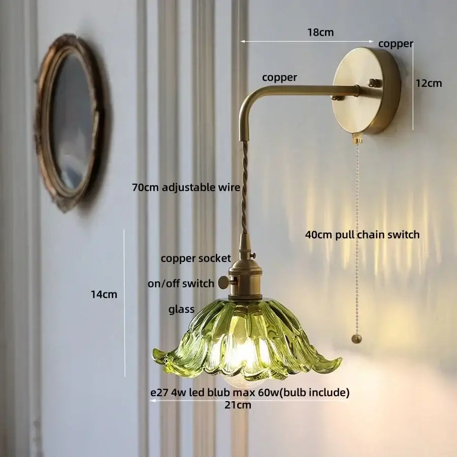 DecorBites™ Glass & Copper Green Flower LED Wall Sconce with Pull Chain