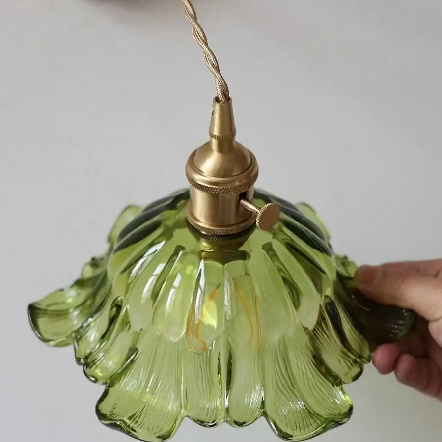 DecorBites™ Glass & Copper Green Flower LED Wall Sconce with Pull Chain