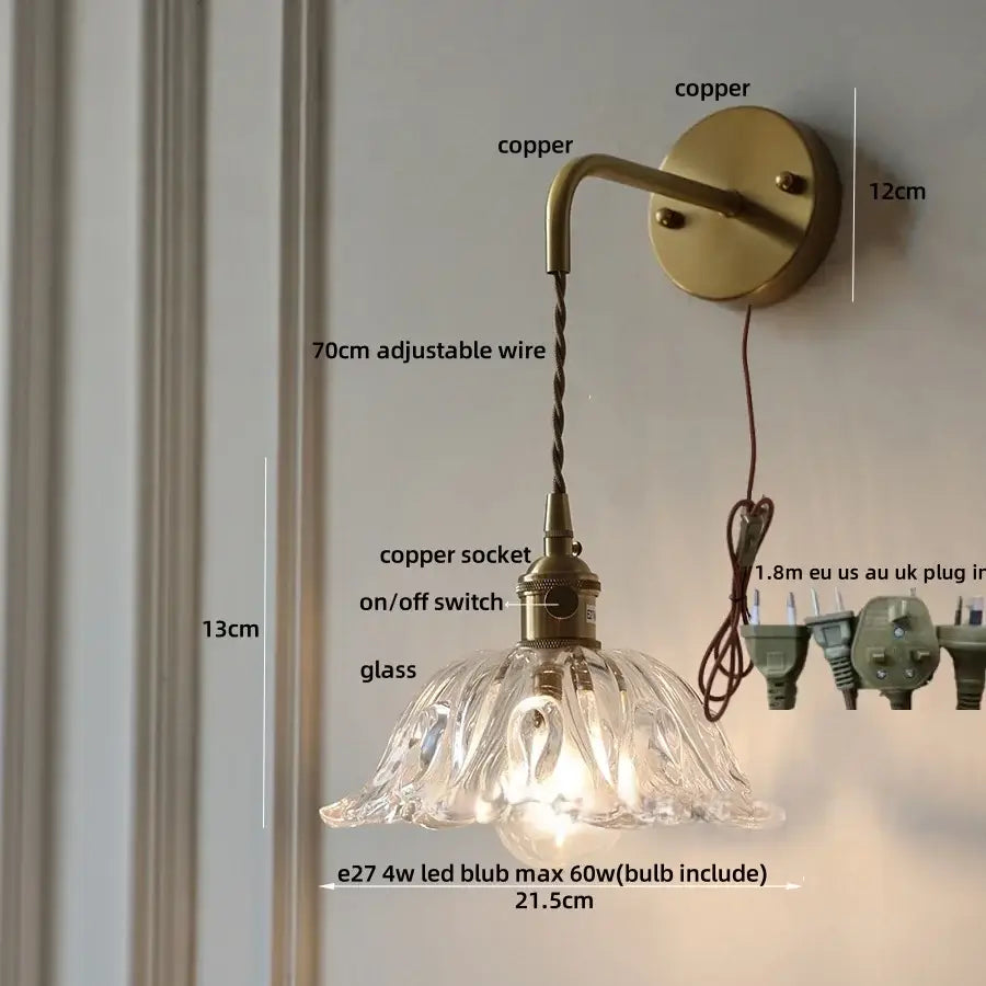 DecorBites™ Glass & Copper Green Flower LED Wall Sconce with Pull Chain