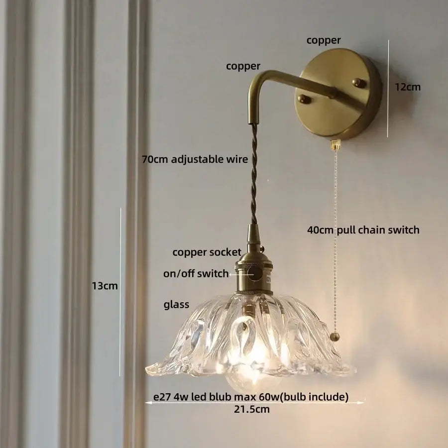 DecorBites™ Glass & Copper Green Flower LED Wall Sconce with Pull Chain