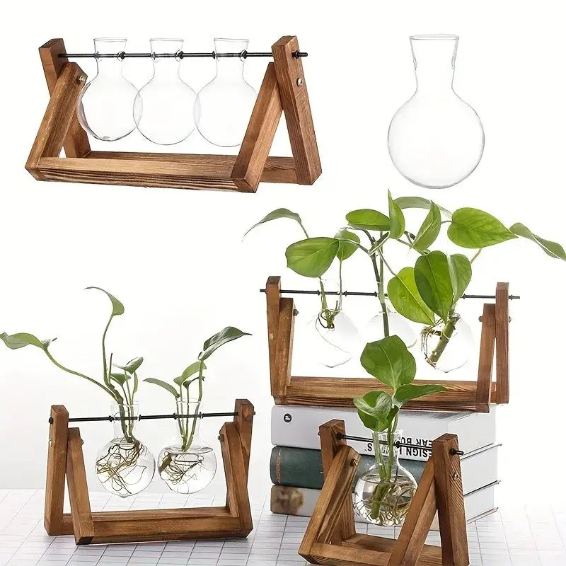 DecorBites™ Glass Planter Propagation Station with Wooden Rack
