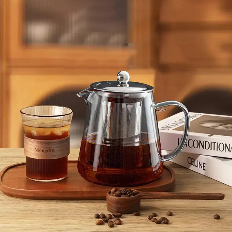 Modern clear glass tea jug set with stainless steel lid kitchenware