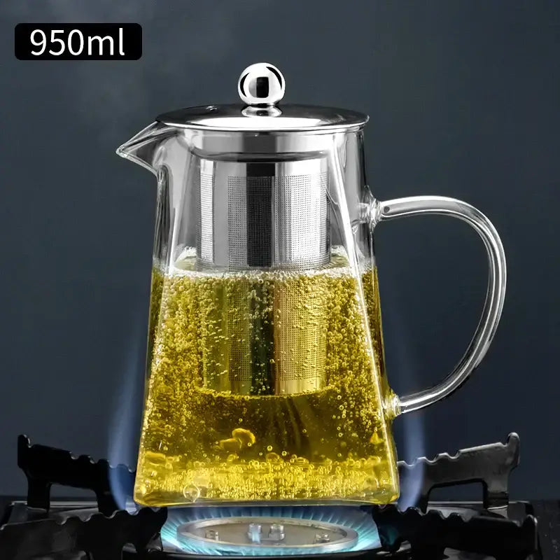 Modern clear glass tea pot with stainless steel filter kitchen set