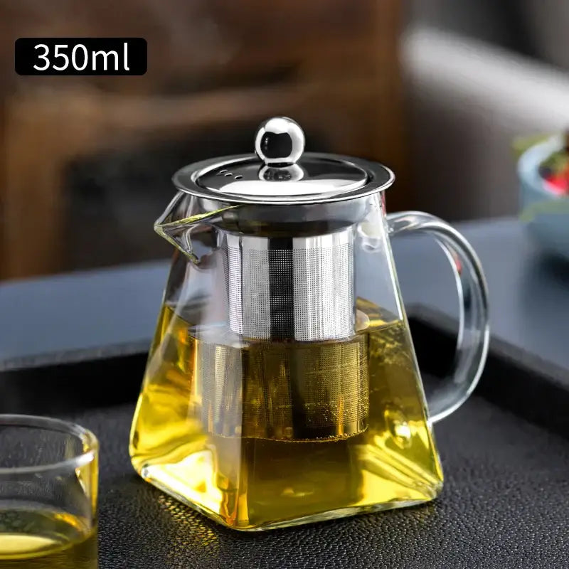 Modern clear glass tea pot with stainless steel filter kitchen set