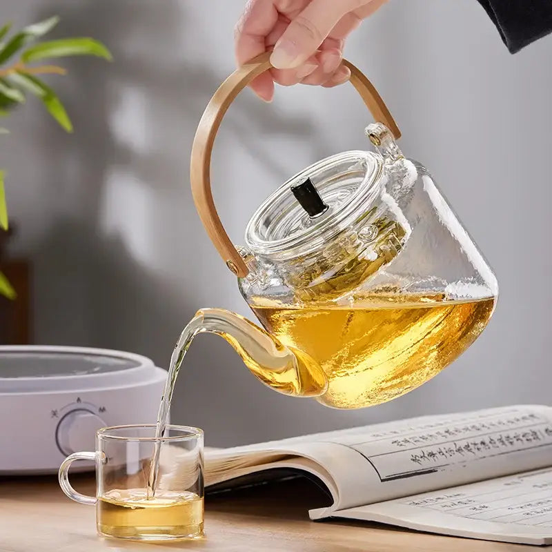 Modern glass tea pot with bamboo handle and electric base kitchen