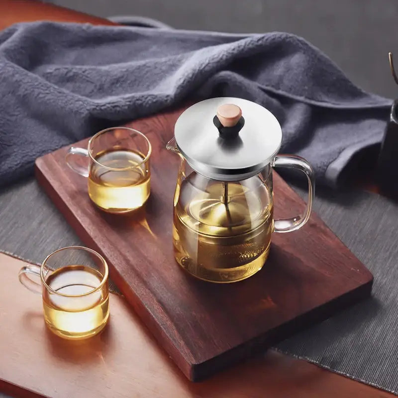 Modern glass tea pot with wood handle kitchen infuser kettle
