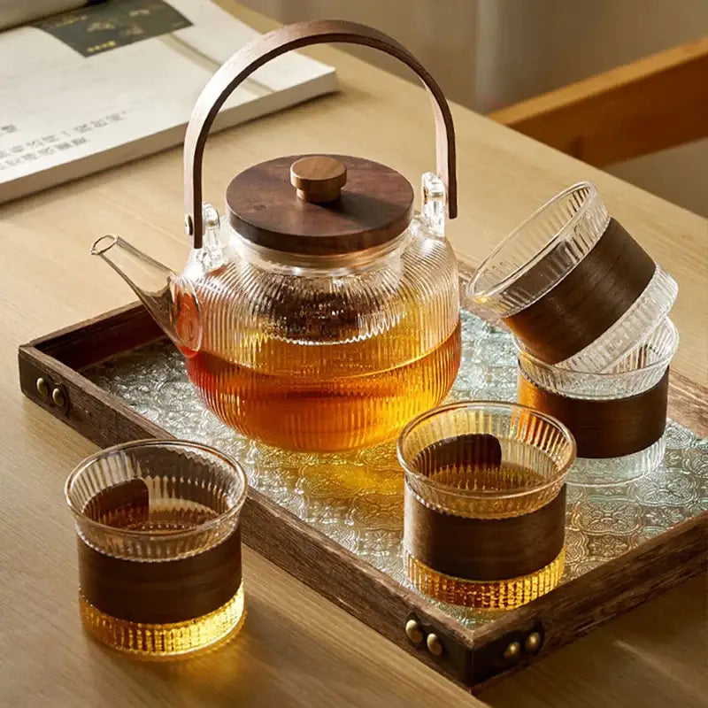 Modern glass tea pot with wooden handle kitchen steaming set
