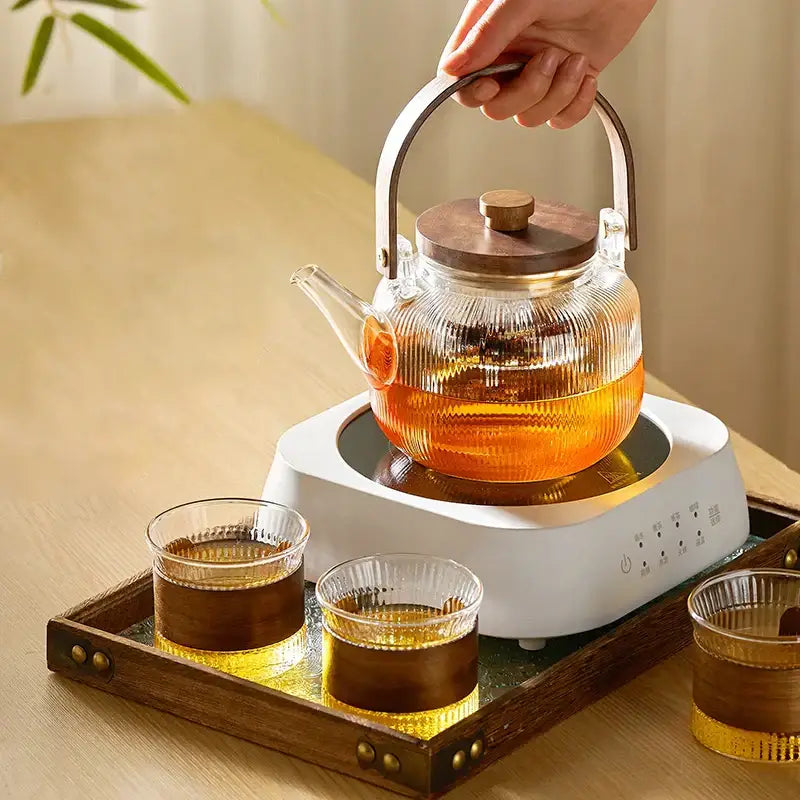 Modern glass tea pot with wooden handle kitchen steaming set