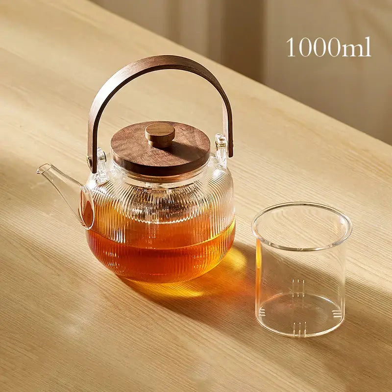 Modern glass tea pot with wooden handle kitchen steaming set