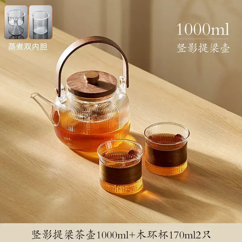 Modern glass tea pot with wooden handle kitchen steaming set