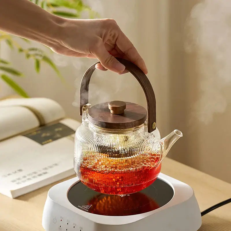 Modern glass tea pot with wooden handle kitchen steaming set