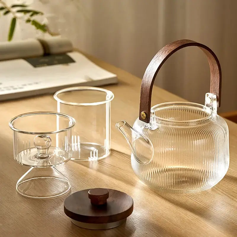 Modern glass tea pot with wooden handle kitchen steaming set