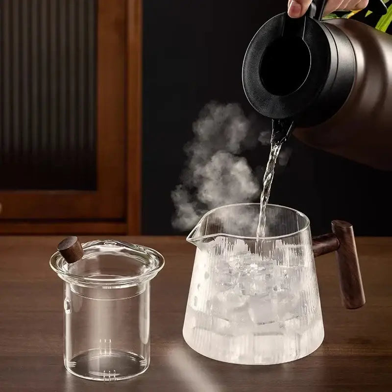 Modern glass teapot with wooden handle kitchen steeping pot