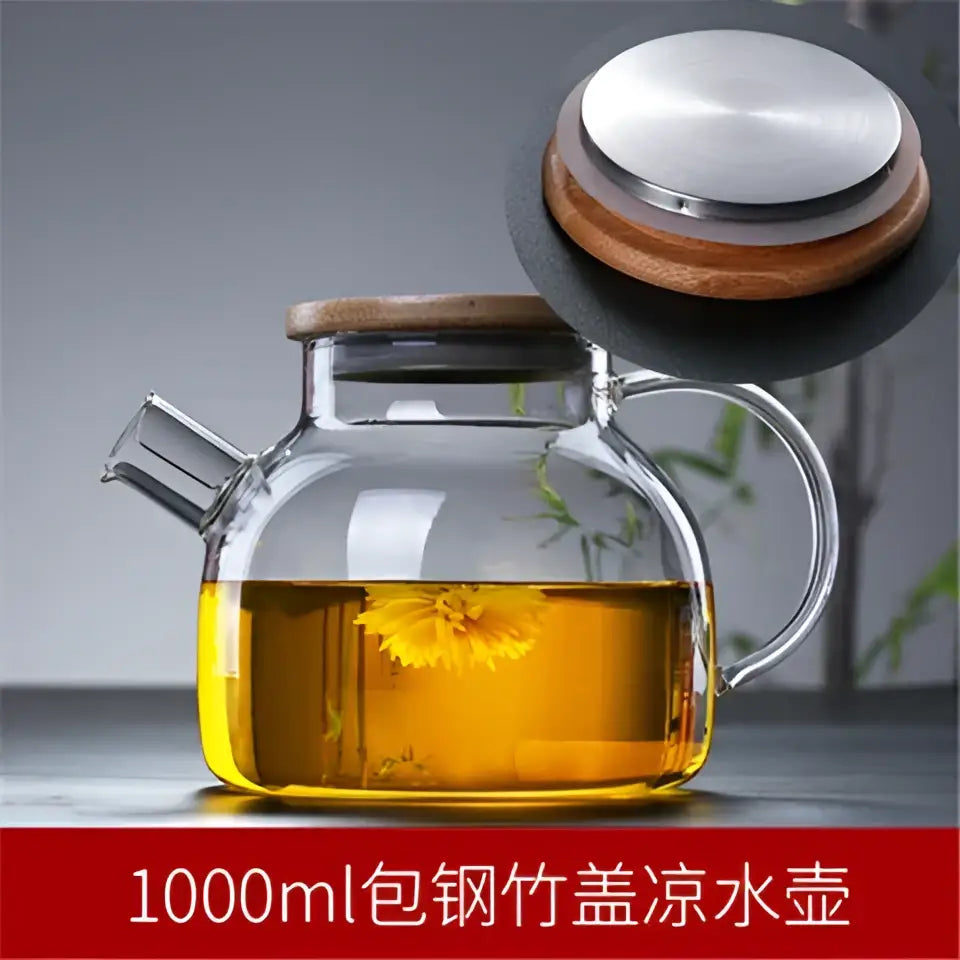Transparent glass teapot with wood lid kitchen cold water jug