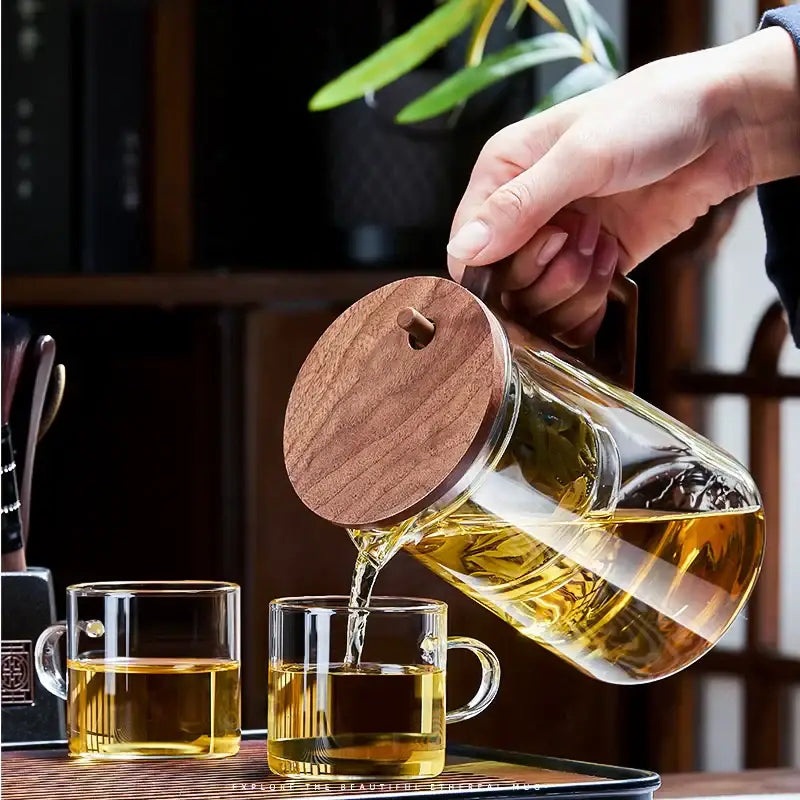 Modern glass teapot filter kettle with wood handle kitchen tea maker