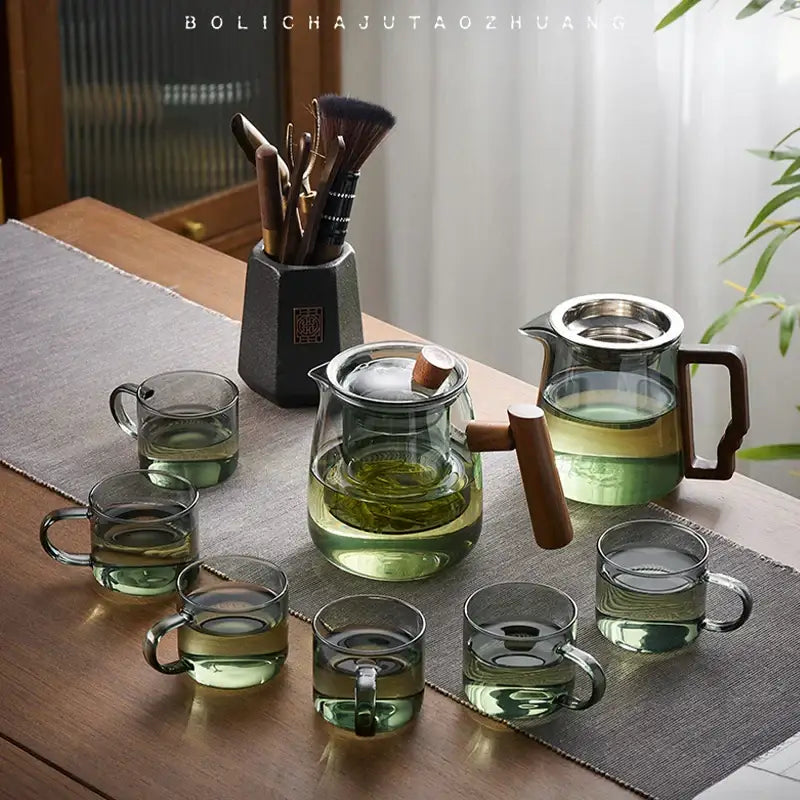 Modern glass teapot with filter and brown handle – kitchen tea set