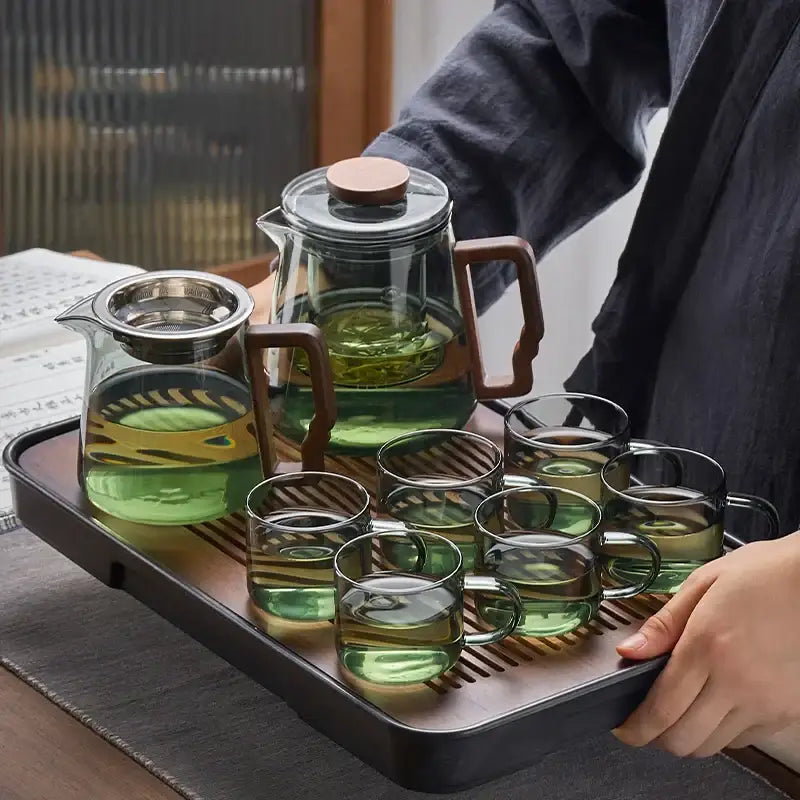 Modern glass teapot with filter and brown handle – kitchen tea set