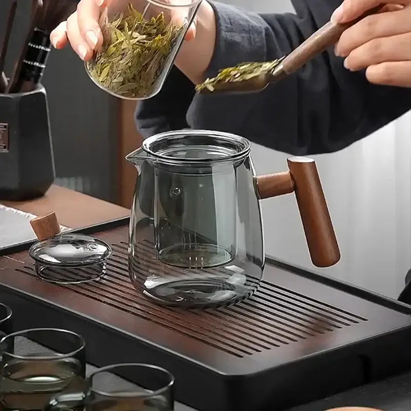 Modern glass teapot with filter and brown handle – kitchen tea set